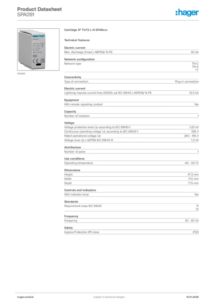 Image Hager Product data sheet SPA091  | Hager