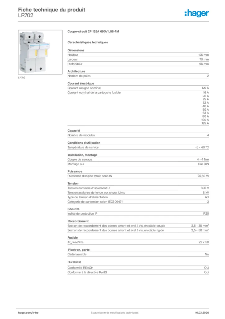 Image Hager Fiche technique du produit LR702 | Hager Belgique