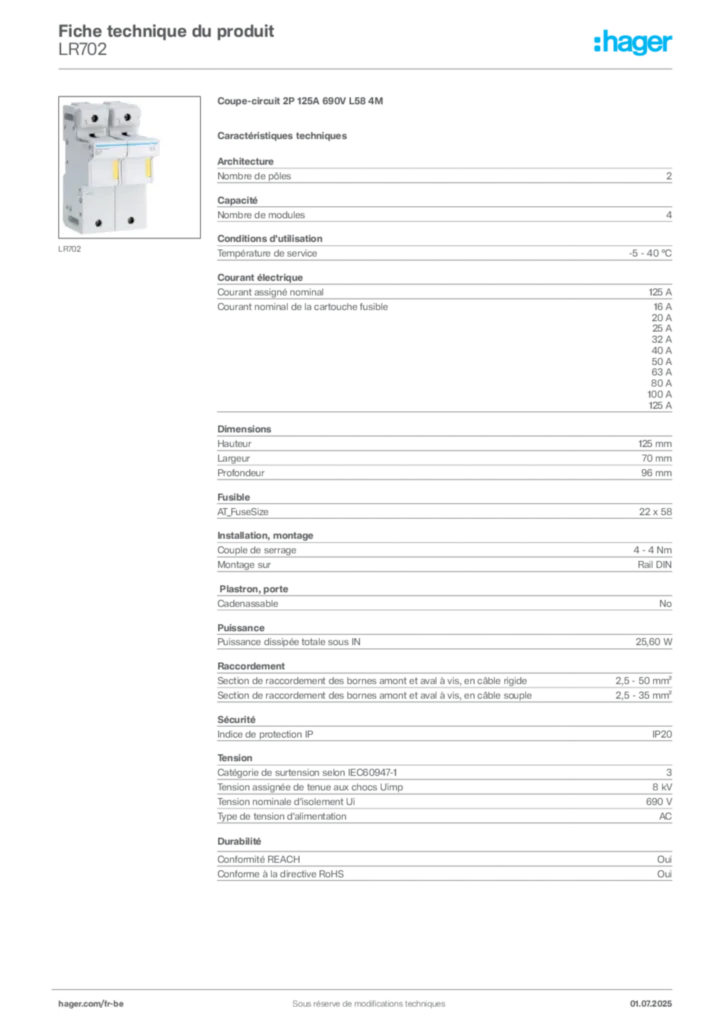 Image Hager Fiche technique du produit LR702 | Hager Belgique