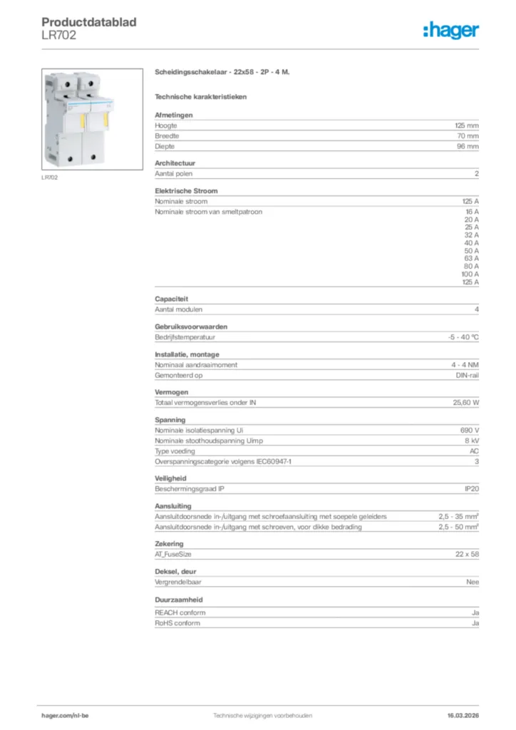 Afbeelding Hager Productdatablad LR702 | Hager Belgium