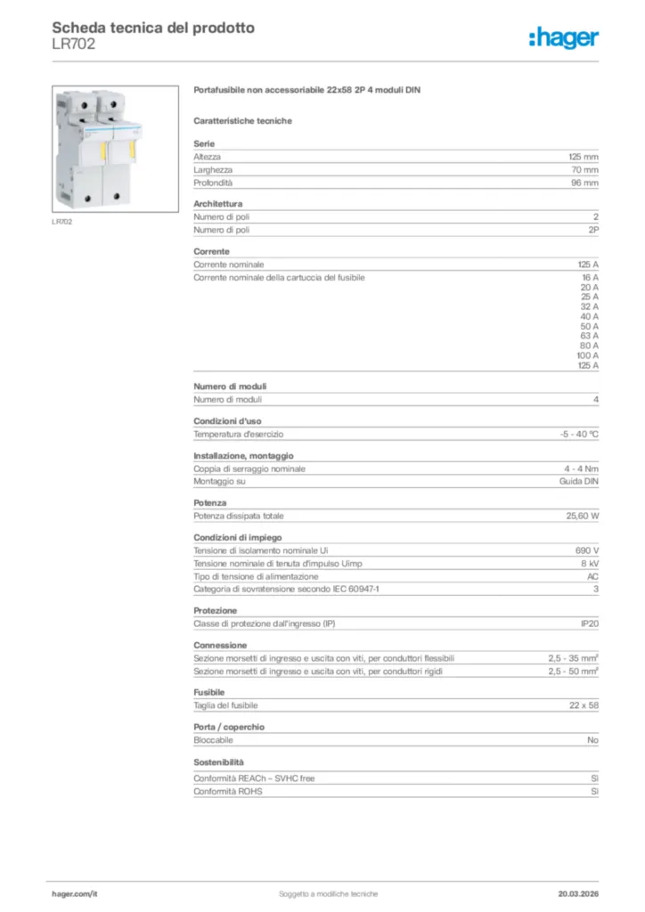 Immagine Hager Scheda tecnica del prodotto LR702 | Hager Italia