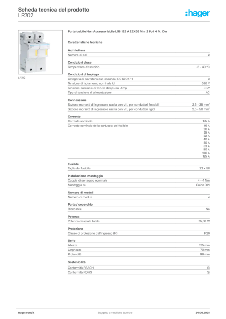 Immagine Hager Scheda tecnica del prodotto LR702 | Hager Italia