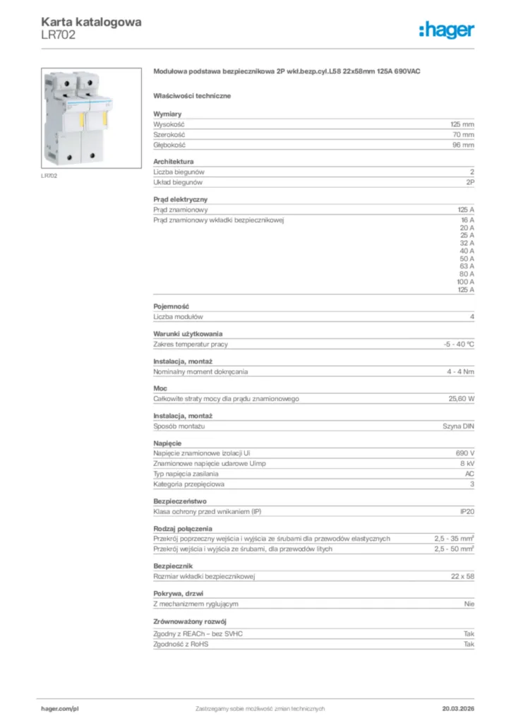 Zdjęcie Hager Karta katalogowa LR702 | Hager Polska