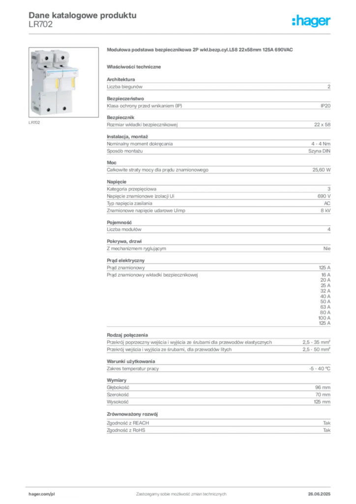 Zdjęcie Hager Dane katalogowe produktu LR702 | Hager Polska