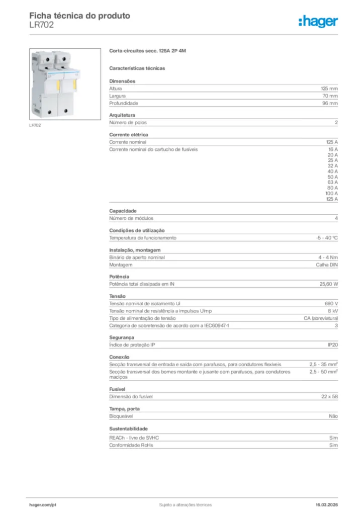 Imagem Hager Ficha técnica do produto LR702 | Hager Portugal