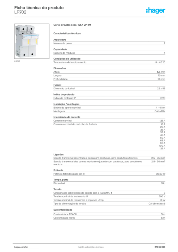 Imagem Hager Ficha técnica do produto LR702 | Hager Portugal