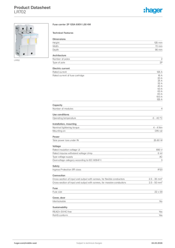 Image Hager Product data sheet LR702  | Hager