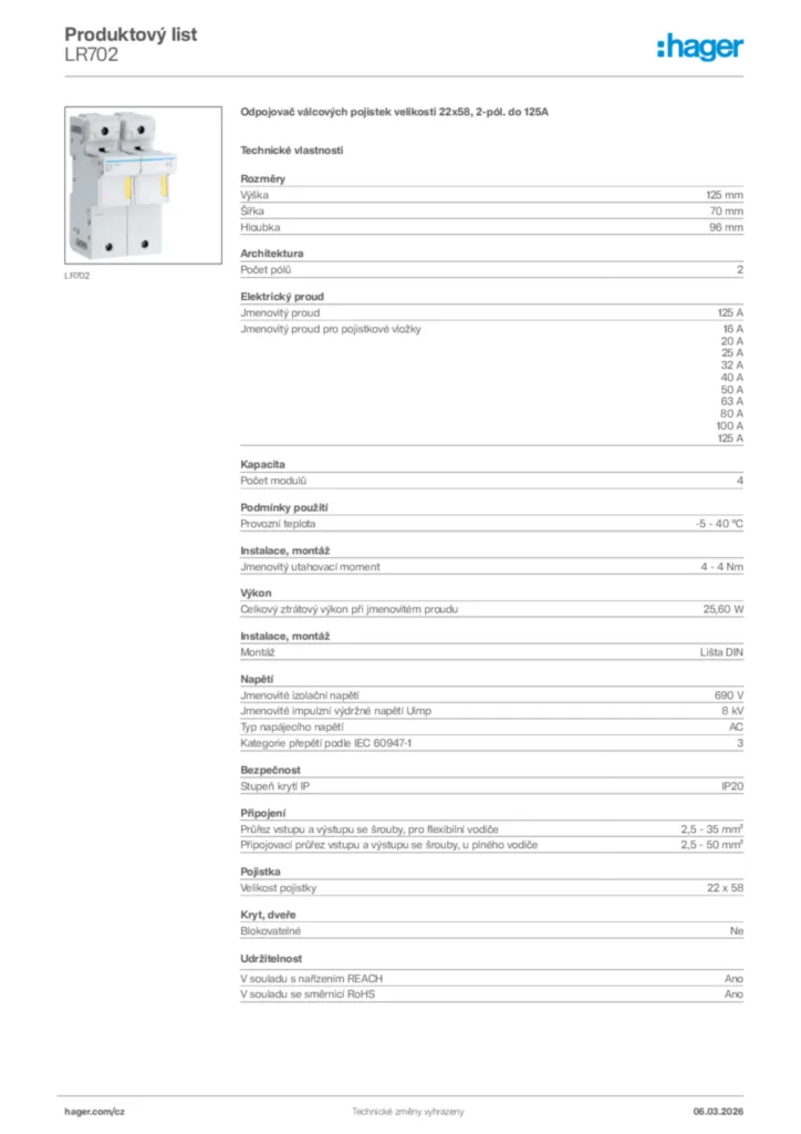 Obrázek Hager Product data sheet LR702 | Hager