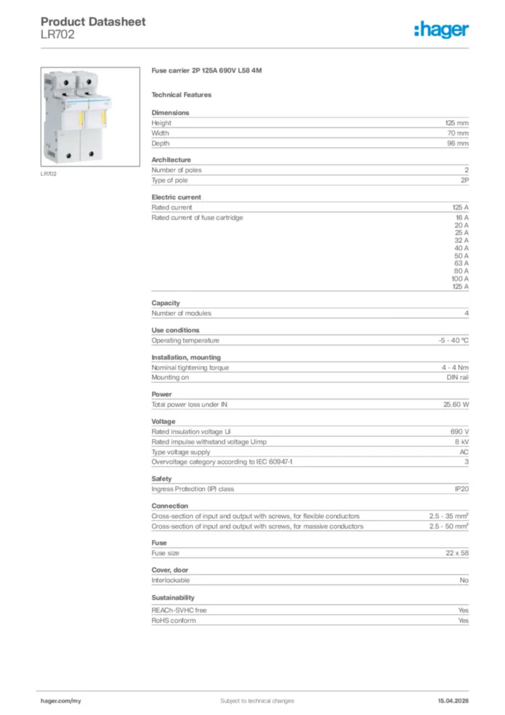 Image Hager Product data sheet LR702  | Hager