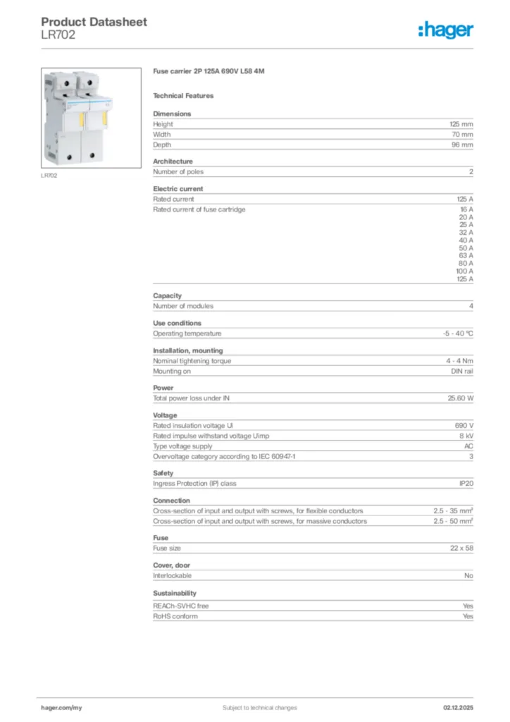 Image Hager Product data sheet LR702  | Hager