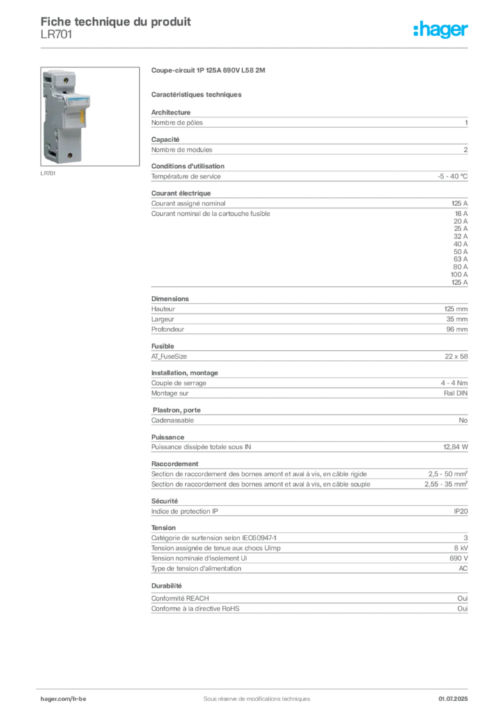 Image Hager Fiche technique du produit LR701 | Hager Belgique