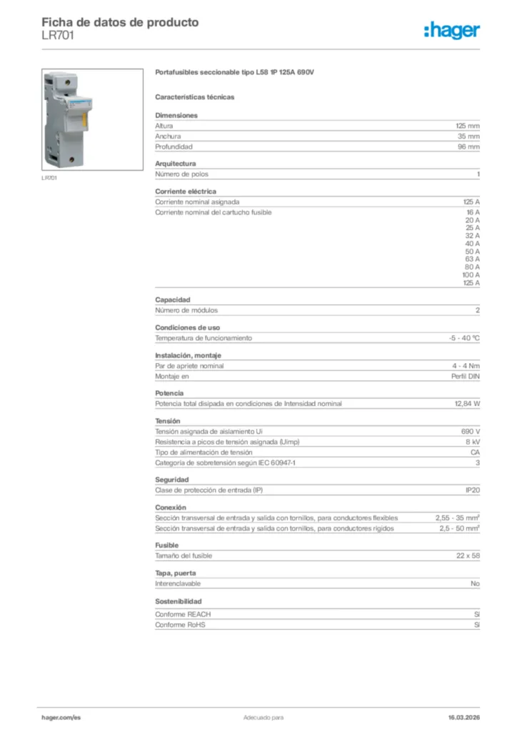 Imagen Hager Ficha de datos de producto LR701 | Hager España