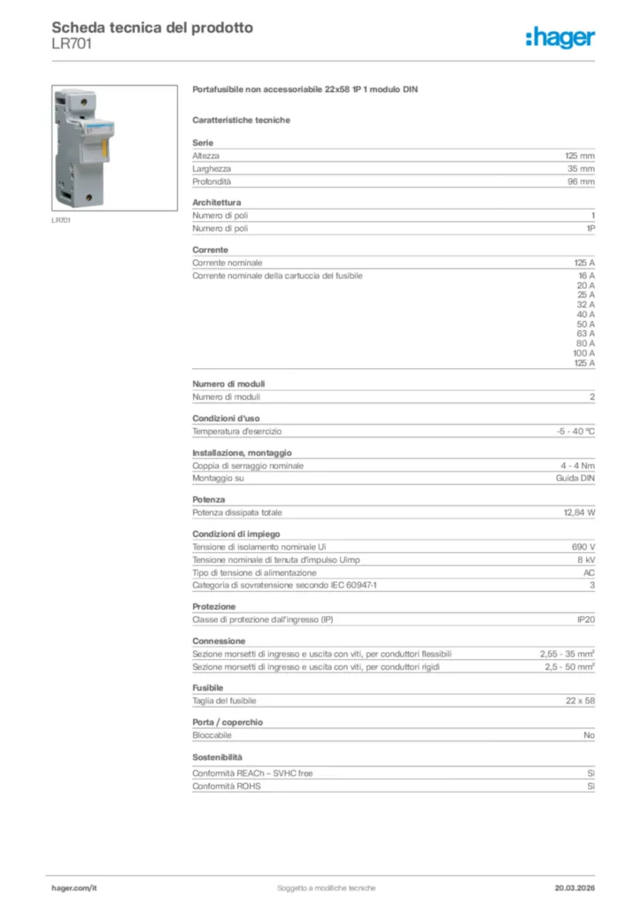 Immagine Hager Scheda tecnica del prodotto LR701 | Hager Italia