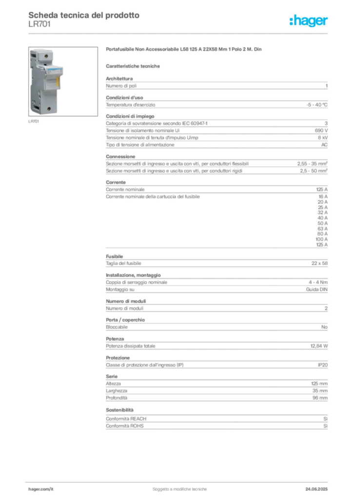 Immagine Hager Scheda tecnica del prodotto LR701 | Hager Italia