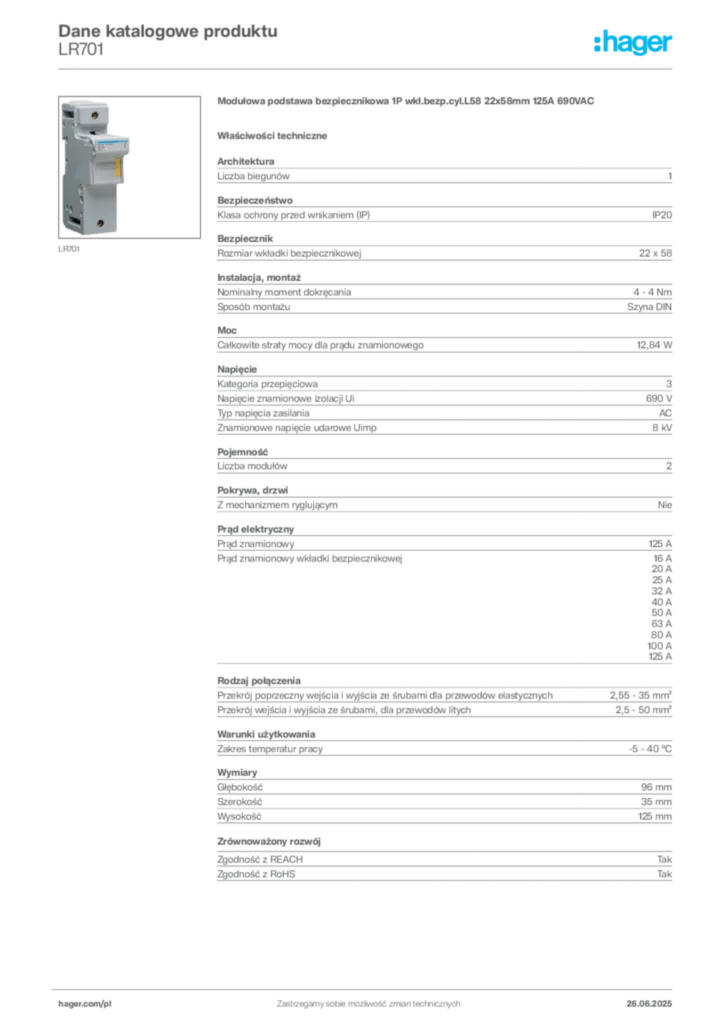 Zdjęcie Hager Dane katalogowe produktu LR701 | Hager Polska