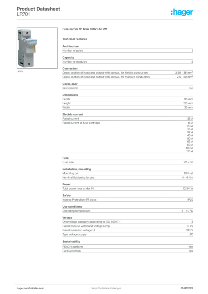 Image Hager Product data sheet LR701  | Hager