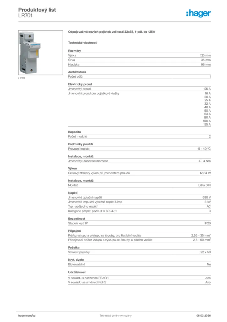 Obrázek Hager Product data sheet LR701 | Hager