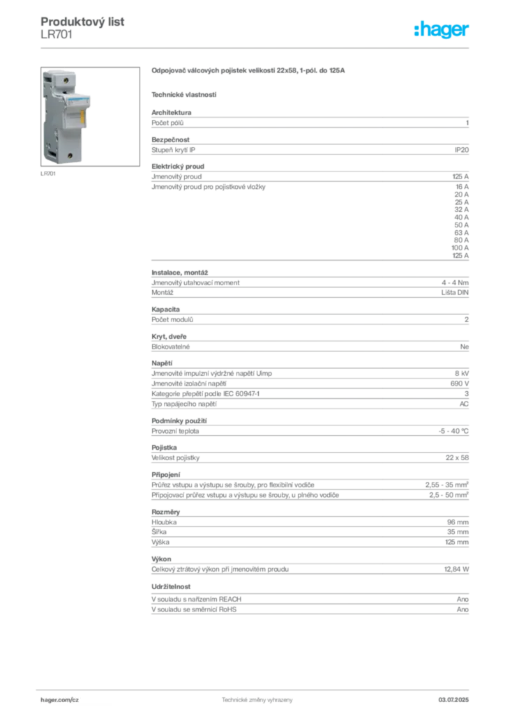 Obrázek Hager Product data sheet LR701 | Hager