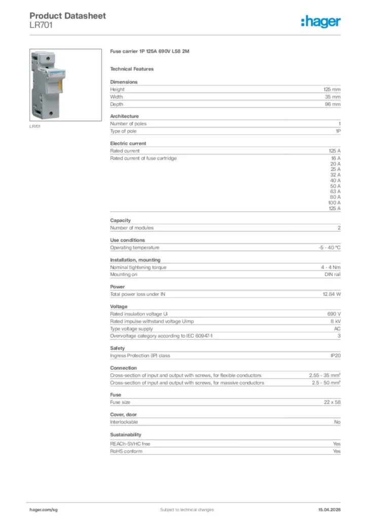 Image Hager Product data sheet LR701  | Hager