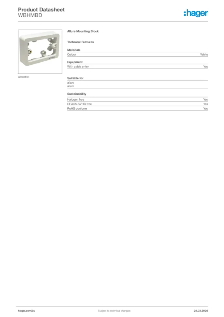 Image Hager Product data sheet WBHMBD  | Hager Australia