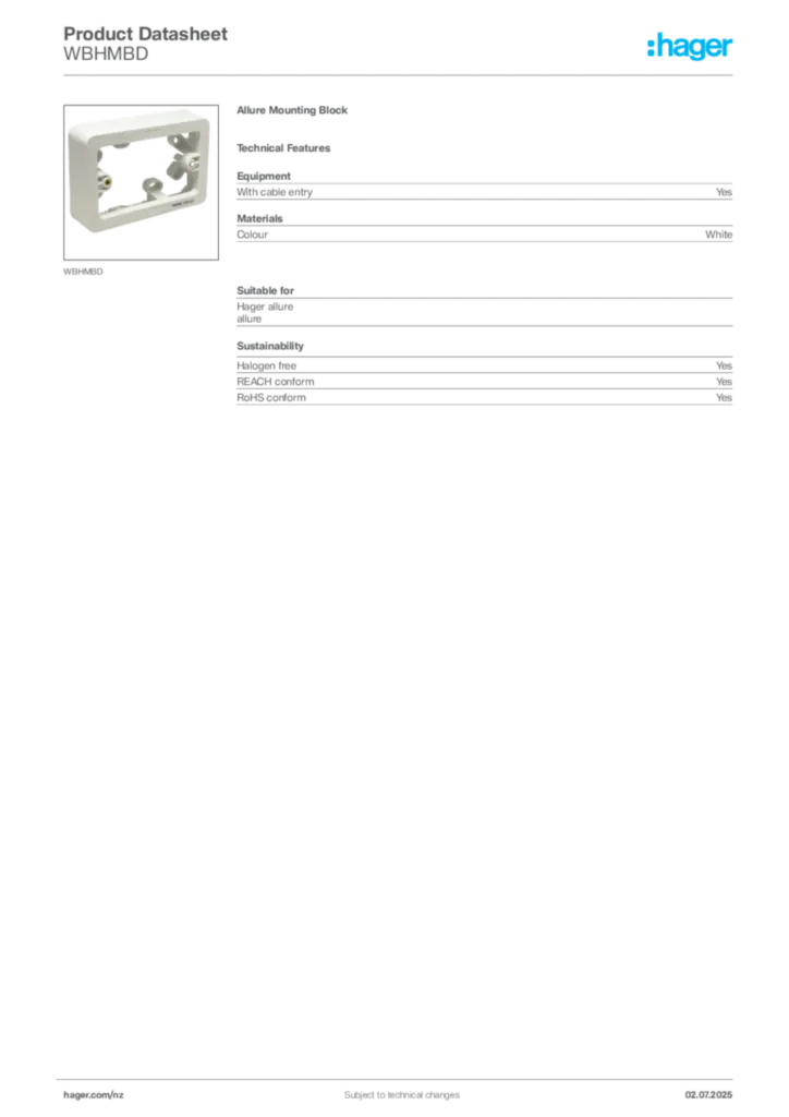 Image Hager Product data sheet WBHMBD  | Hager New Zealand