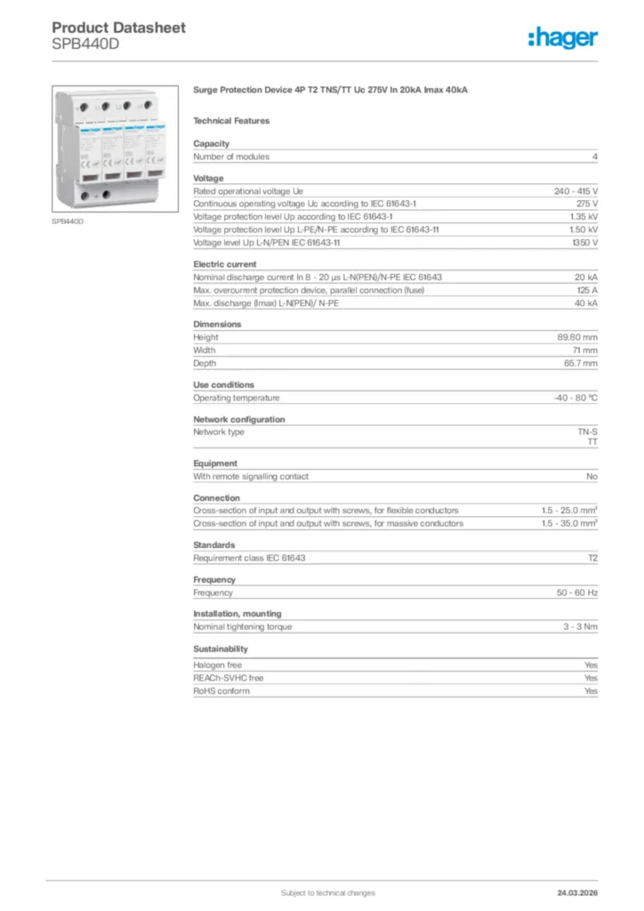 Image Hager Product data sheet SPB440D  | Hager Africa