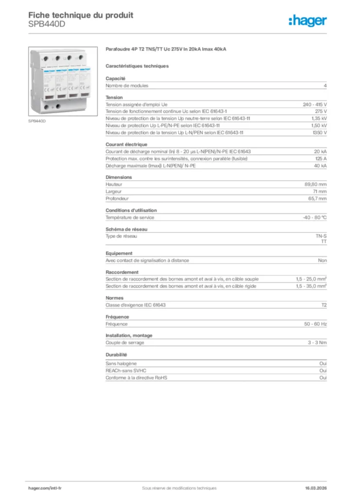 Image Hager Fiche technique du produit SPB440D | Hager Afrique