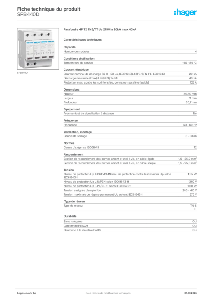 Image Hager Fiche technique du produit SPB440D | Hager Belgique