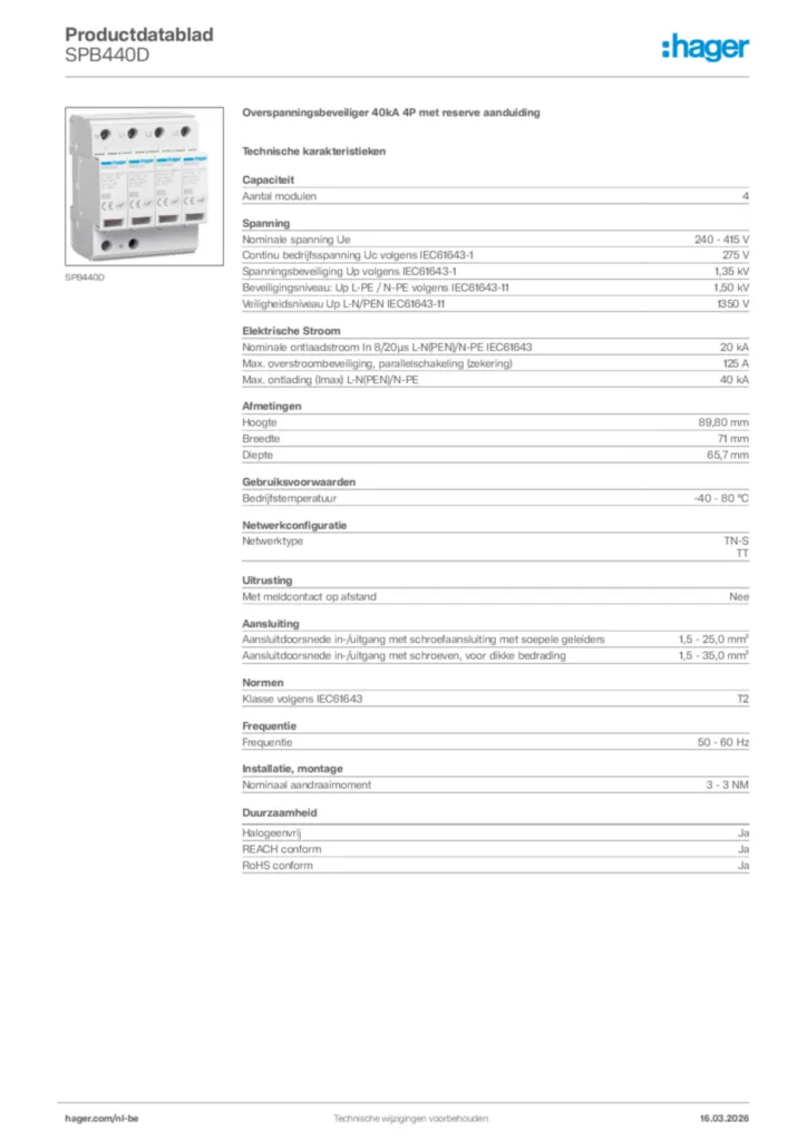 Afbeelding Hager Productdatablad SPB440D | Hager Belgium