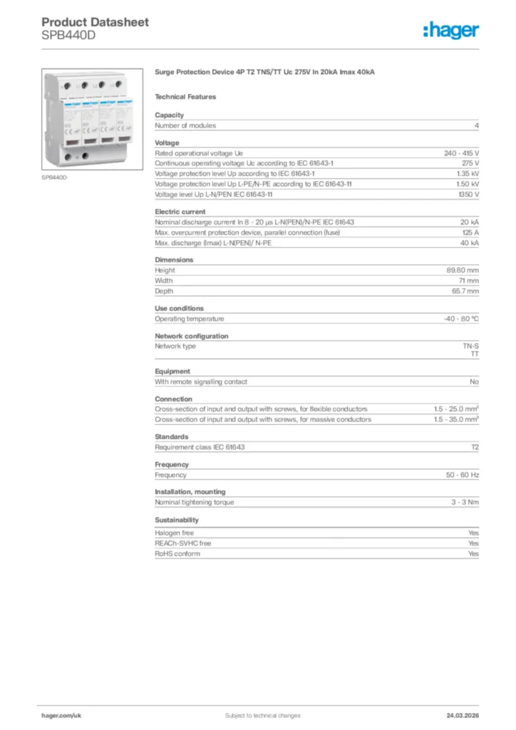 Image Hager Product data sheet SPB440D  | Hager