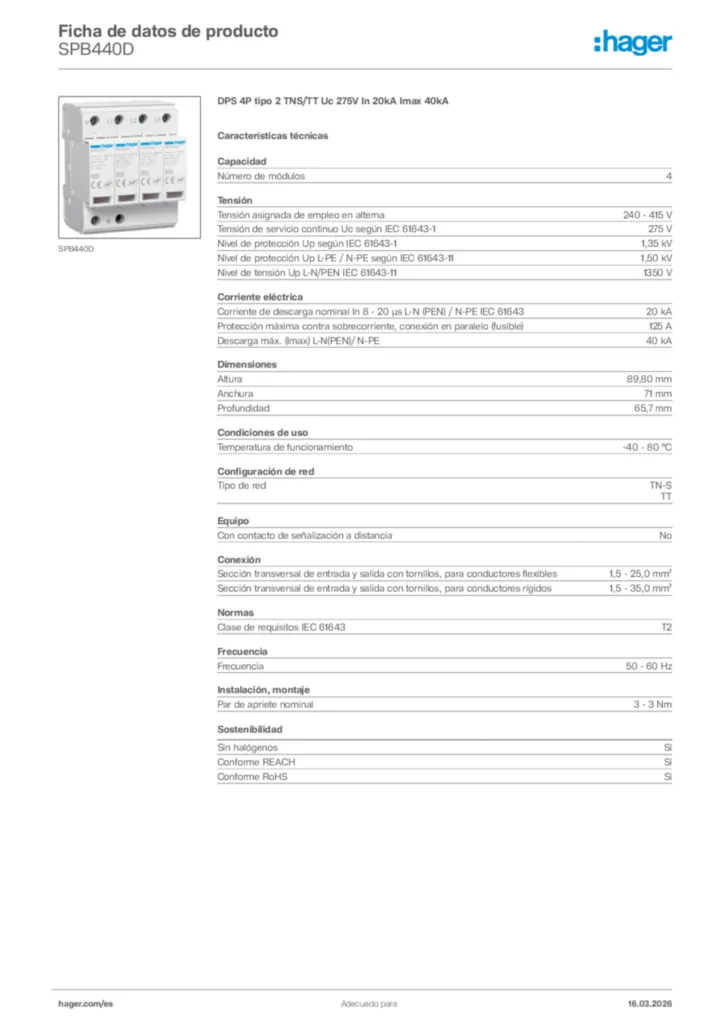 Imagen Hager Ficha de datos de producto SPB440D | Hager España