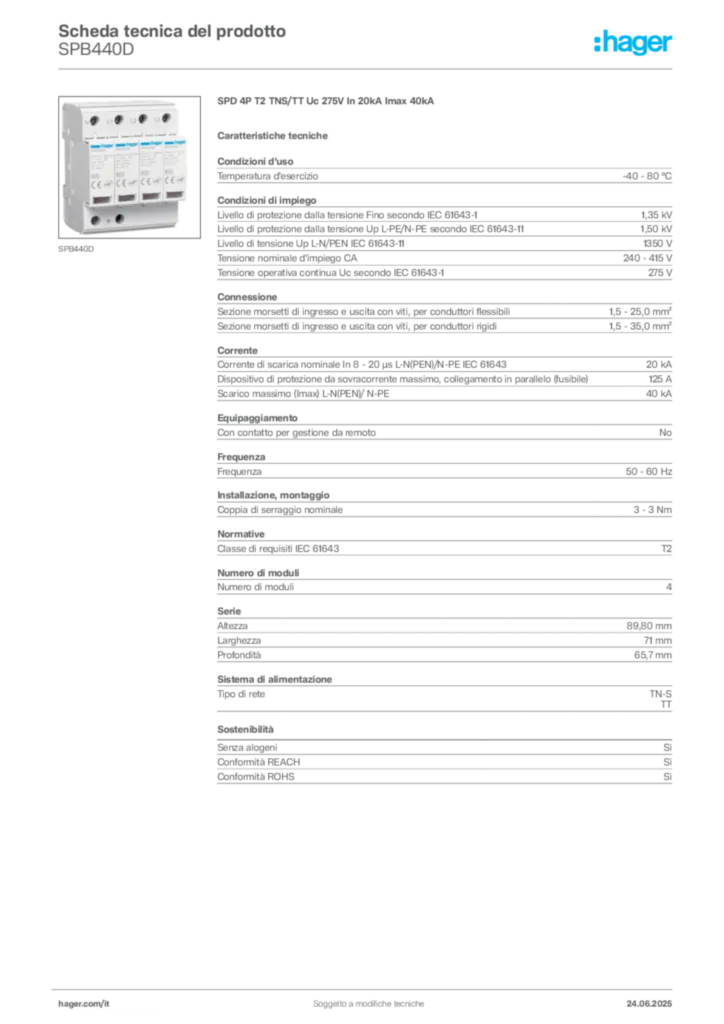 Immagine Hager Scheda tecnica del prodotto SPB440D | Hager Italia