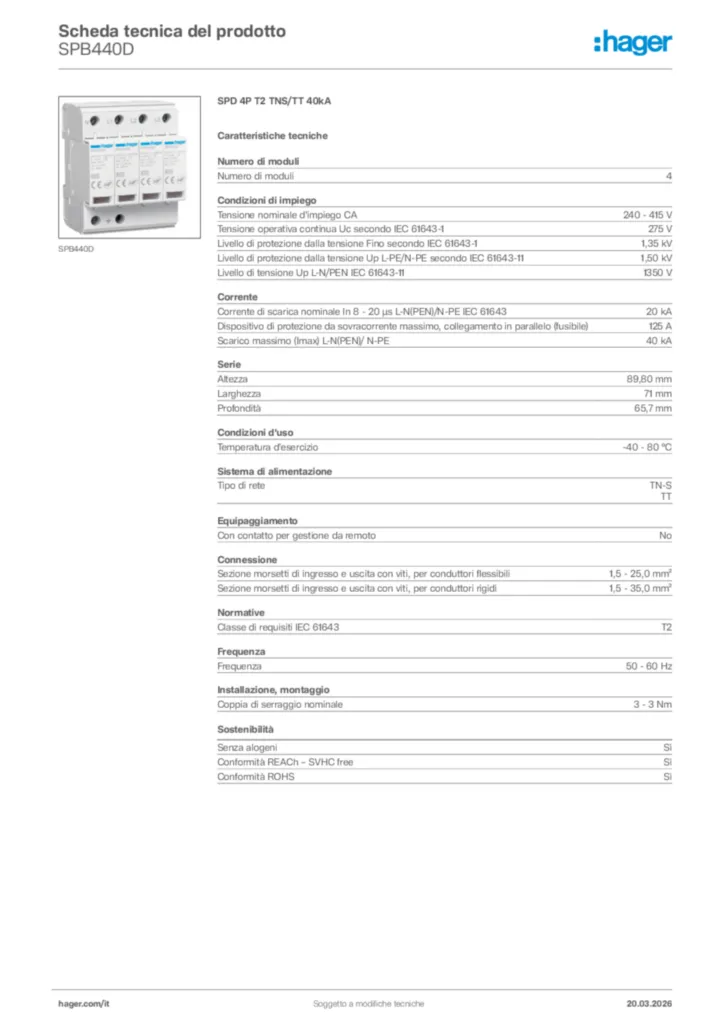 Immagine Hager Scheda tecnica del prodotto SPB440D | Hager Italia