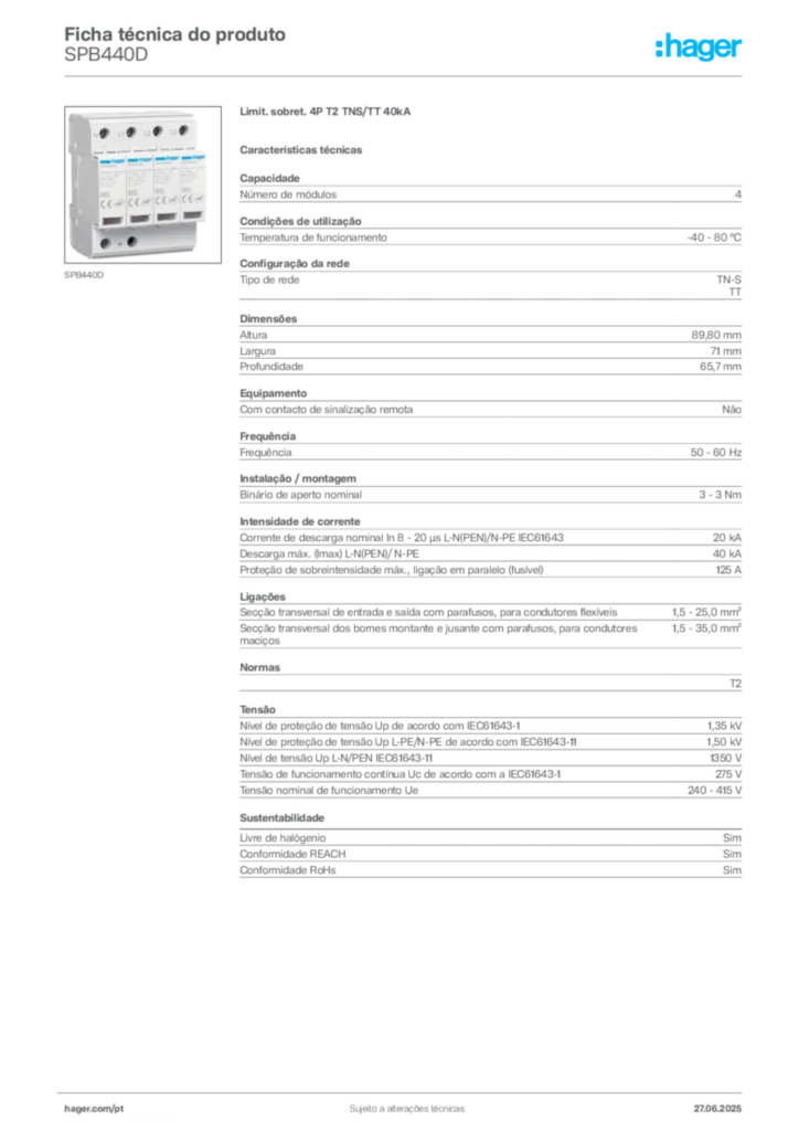 Imagem Hager Ficha técnica do produto SPB440D | Hager Portugal