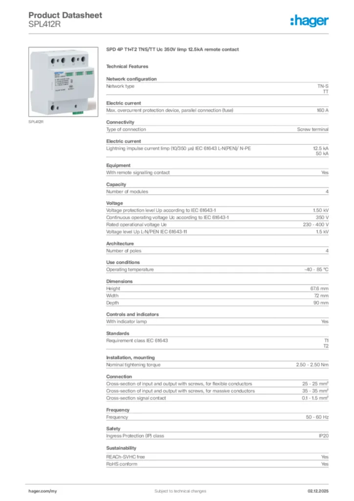 Image Hager Product data sheet SPL412R  | Hager