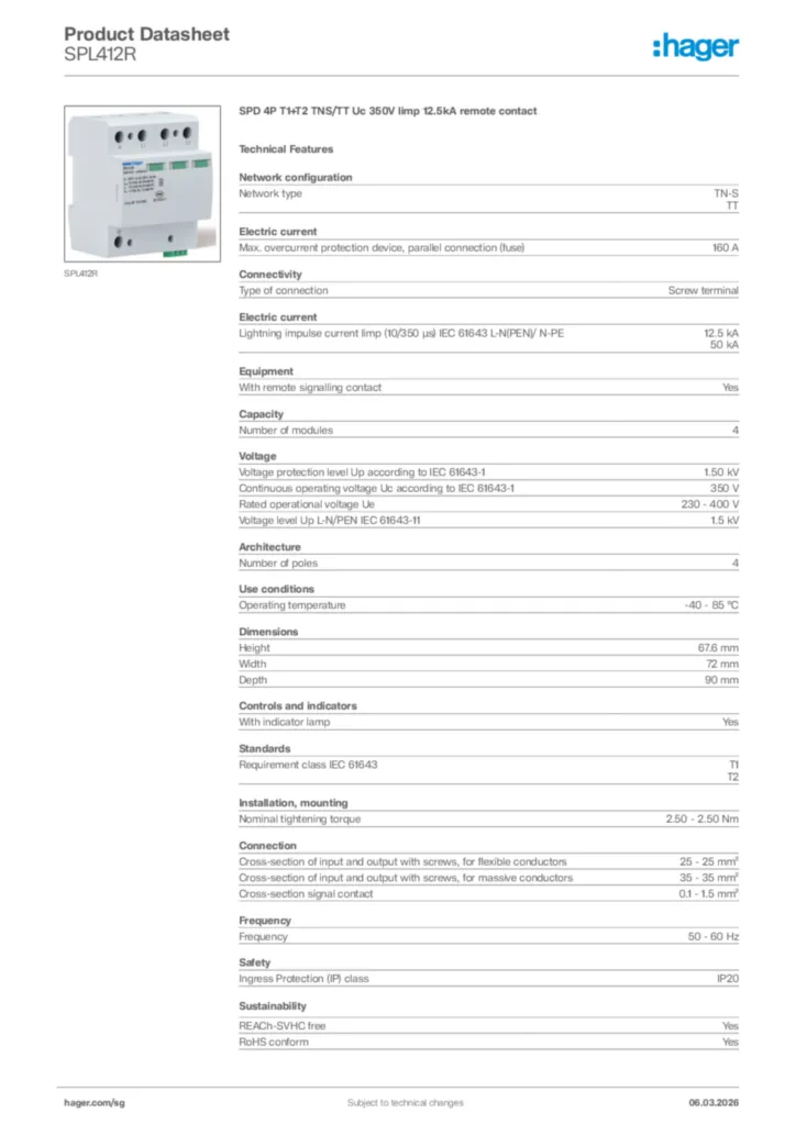 Image Hager Product data sheet SPL412R  | Hager
