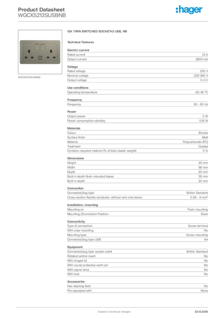 Image Hager Product data sheet WGCXS213SUSBNB  | Hager Africa