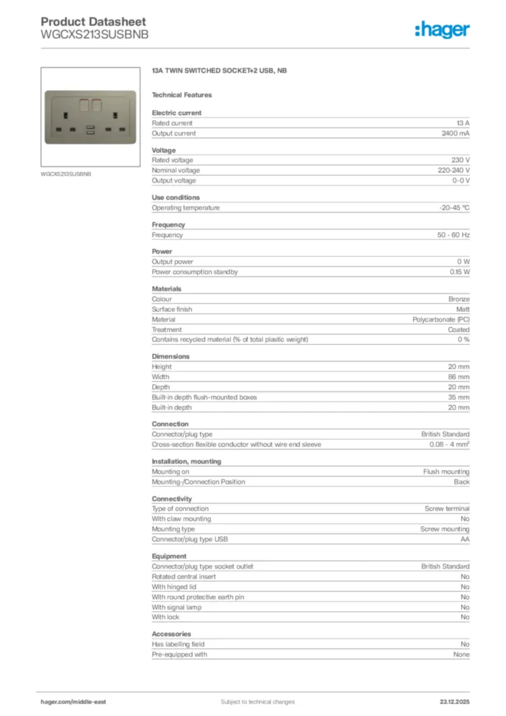 Image Hager Product data sheet WGCXS213SUSBNB  | Hager