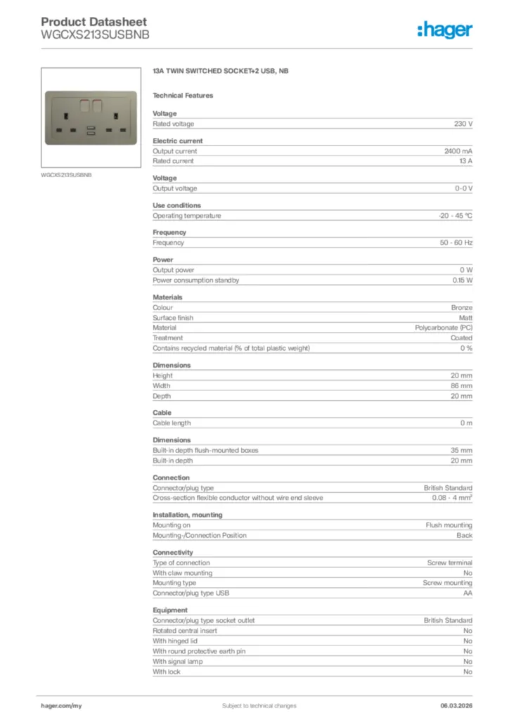 Image Hager Product data sheet WGCXS213SUSBNB  | Hager