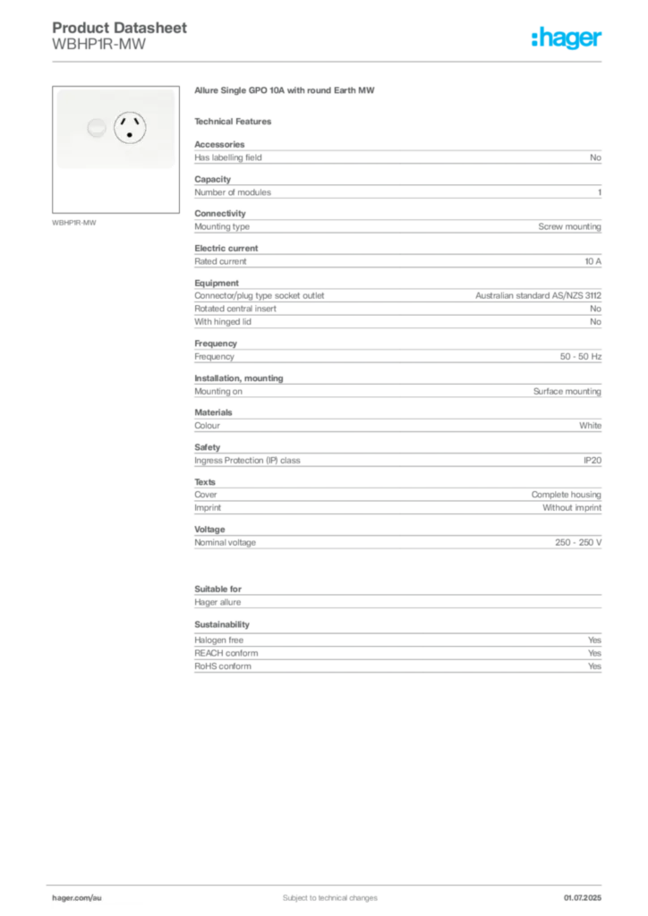 Image Hager Product data sheet WBHP1R-MW  | Hager Australia