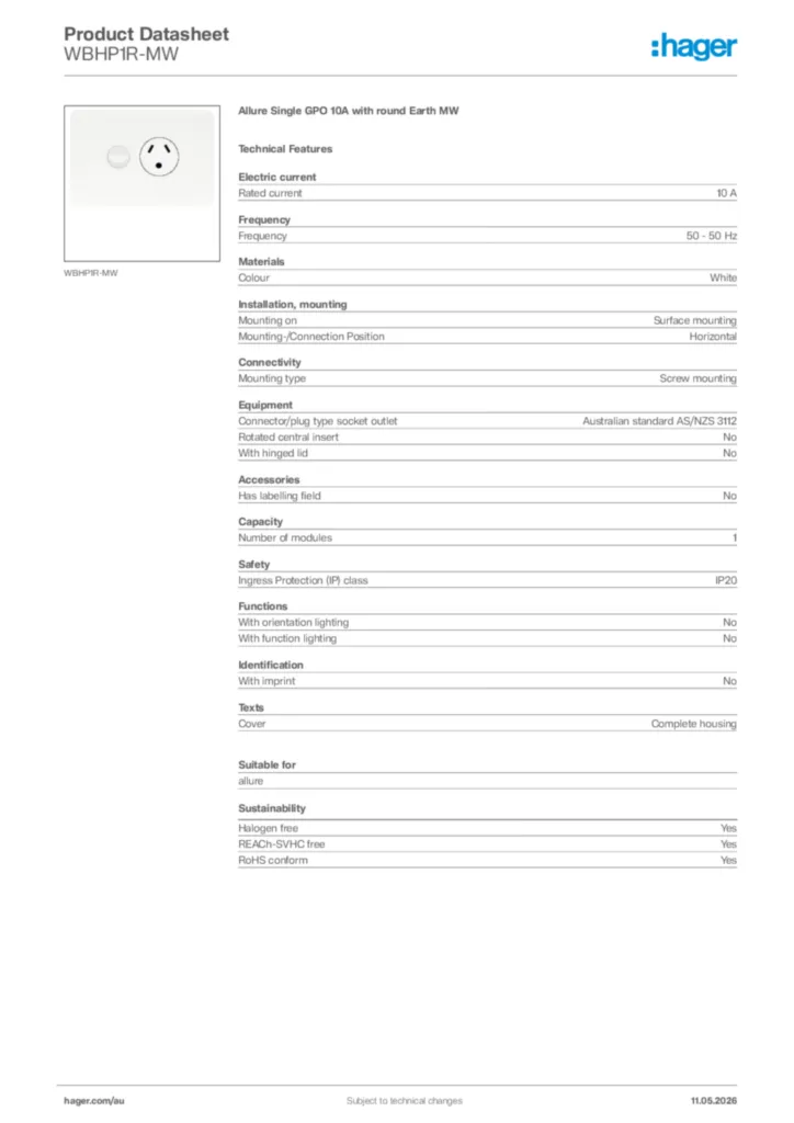 Image Hager Product data sheet WBHP1R-MW  | Hager Australia