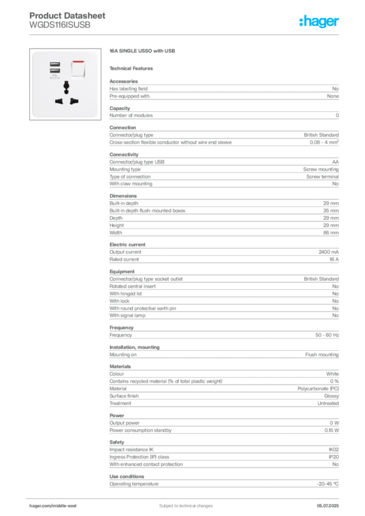 Image Hager Product data sheet WGDS116ISUSB  | Hager