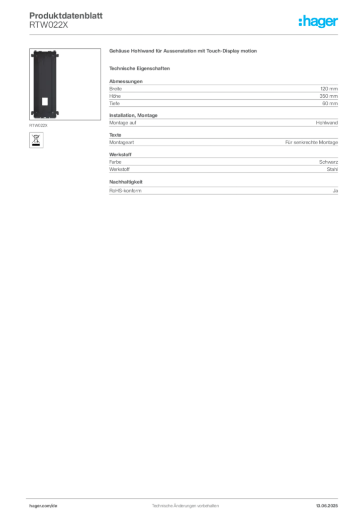 Bild Hager Produktdatenblatt RTW022X | Hager Deutschland