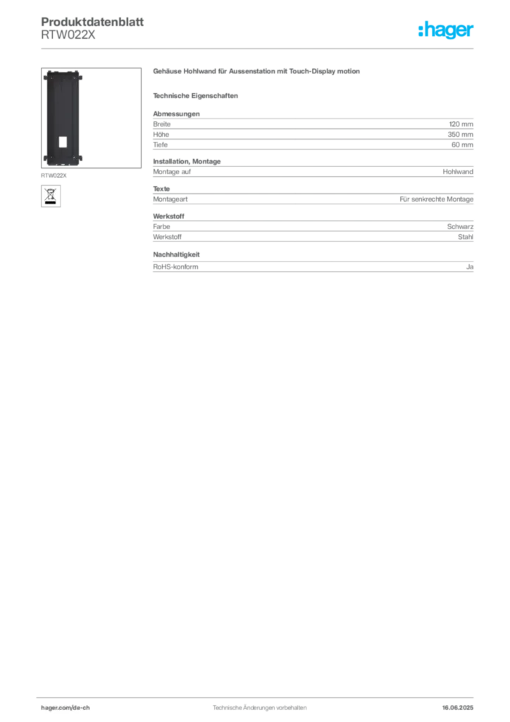 Bild Hager Produktdatenblatt RTW022X | Hager Schweiz