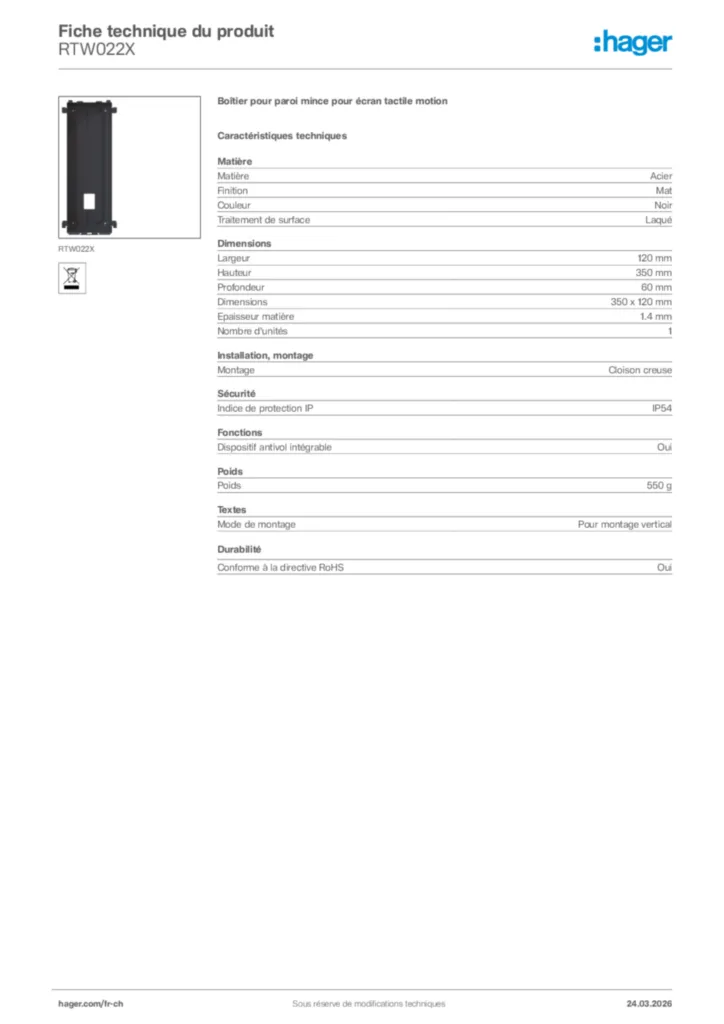 Image Hager Fiche technique du produit RTW022X | Hager Suisse