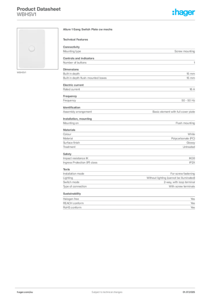 Image Hager Product data sheet WBHSV1  | Hager Australia
