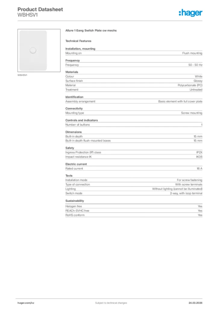 Image Hager Product data sheet WBHSV1  | Hager New Zealand