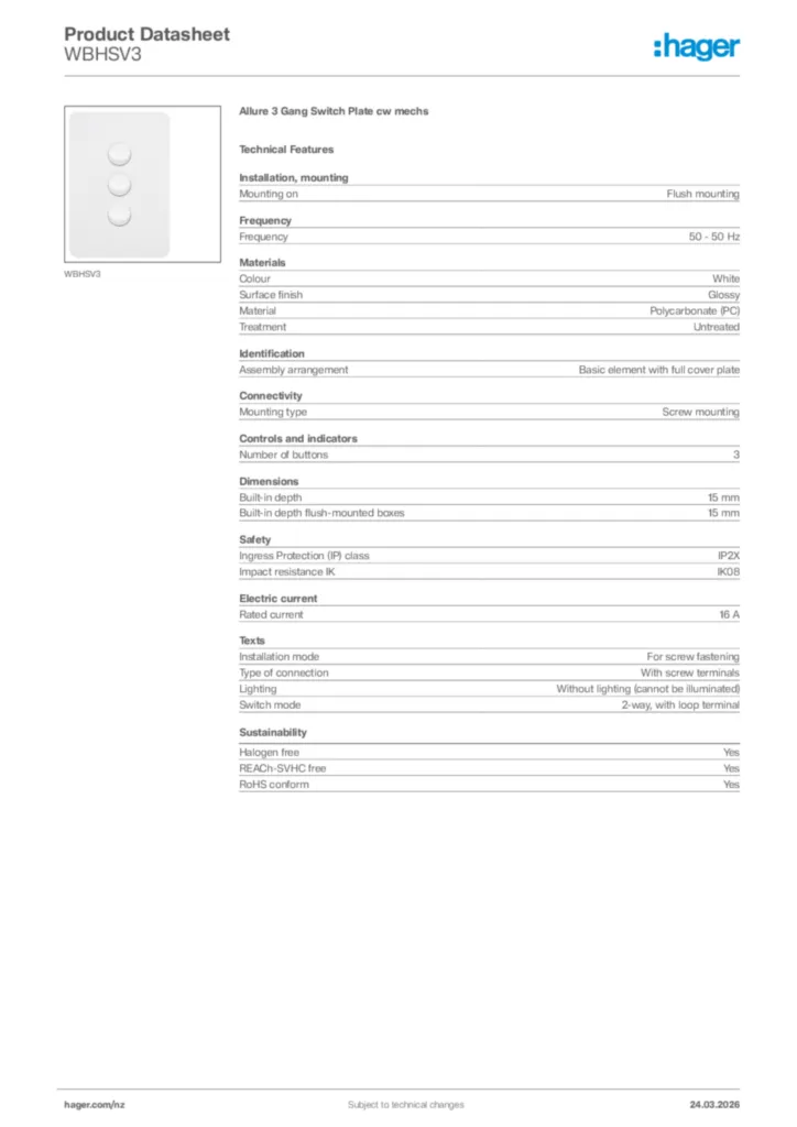 Image Hager Product data sheet WBHSV3  | Hager New Zealand