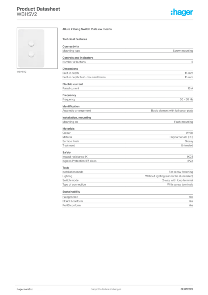Image Hager Product data sheet WBHSV2  | Hager New Zealand