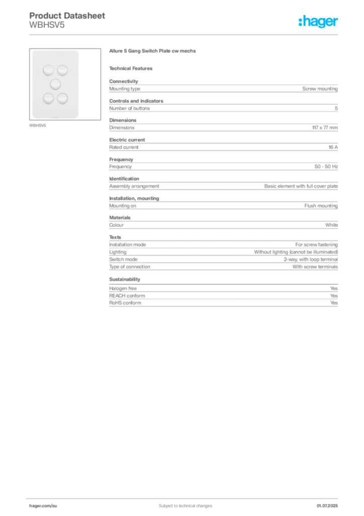 Image Hager Product data sheet WBHSV5  | Hager Australia